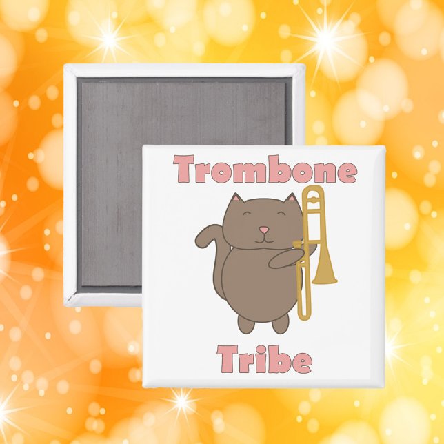 Trombone Tribe Funny Cat Pink Letters Magnet (A magnet with a funny cat holding a trombone and the words trombone tribe in pink letters.)