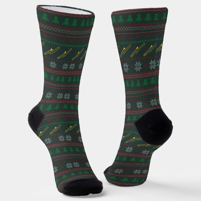 Trombone Ugly Christmas Sweater Pattern Holiday Socken (Gewinkelt)