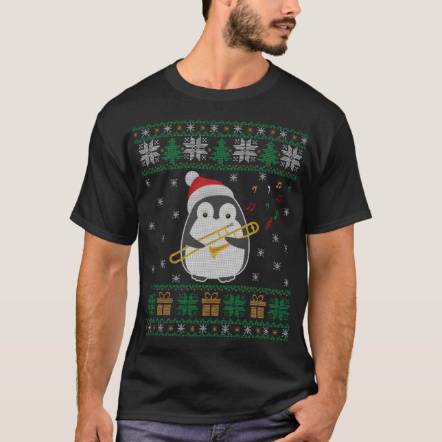 Trombone Ugly Christmas Sweater Pinguin Xmas Famil T-Shirt (Vorderseite)