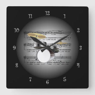 Trommeln Sie Set auf 3-D Blatt-Musik ~ Silber u. Quadratische Wanduhr