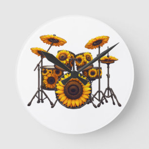 Trommeln Sonnenblumen Blume Musikermusik Flora Runde Wanduhr