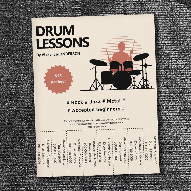 Trommelunterricht reißt den Strips-Flyer ab Flyer (Drum Lessons Tear Off Strips Flyer)