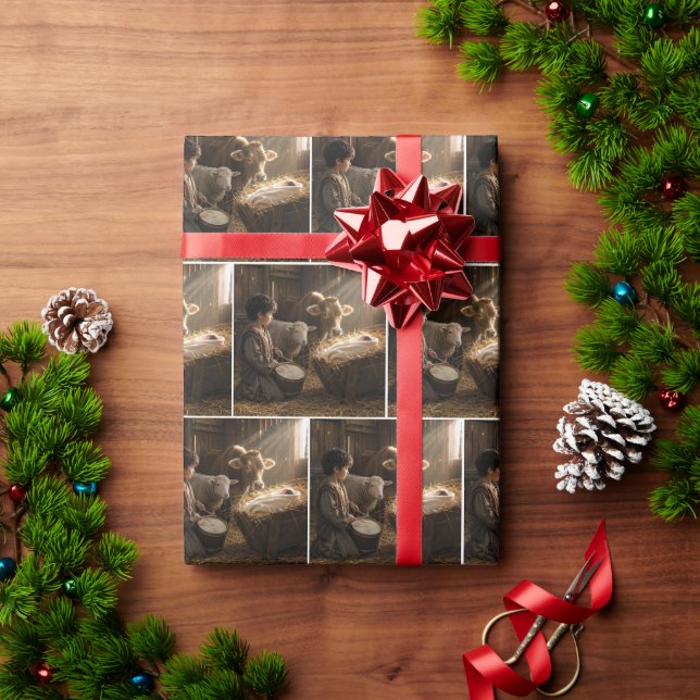 Trommlerjunge in einer Weihnachtskrippe im Stall Geschenkpapier (Feiertagsgeschenk)