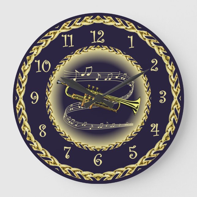 Trompet ~ Musikalische Scroll ~ Gold/Navy Blue ~ Große Wanduhr (Vorderseite)