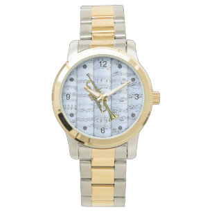 Trompet~Rolled Sheet Music~Blue Tint Hintergrund ~ Armbanduhr