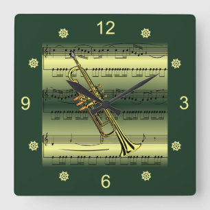 Trompet~Rolled Sheet Music~Gold/Green Background~  Quadratische Wanduhr