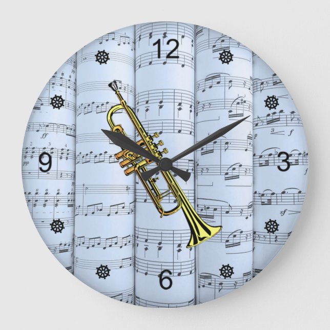 Trompet~Rollsheet Music~Blue Tint Hintergrund ~  Große Wanduhr (Vorderseite)