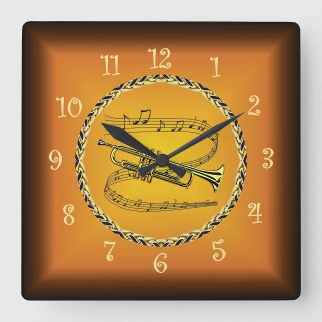 Trompete auf Musical Scroll Russet Orange Timepiec Quadratische Wanduhr (Vorderseite)