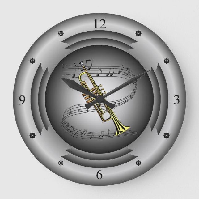 Trompete ~ Musical Scroll ~ Silver Lautsprecher ~ Große Wanduhr (Vorderseite)