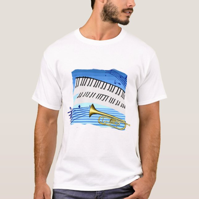 Trompete und Tastatur, blaue Themagraphikmusik T-Shirt (Vorderseite)