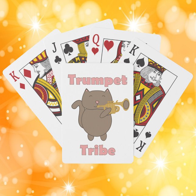 Trompeten-Stamm Braune Katze Spielkarten (A deck of playing cards featuring a brown cat playing the trumpet with the words trumpet tribe.)