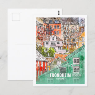 Trondheim Norwegen Berühmte Reise Wasserfarben Ski Postkarte