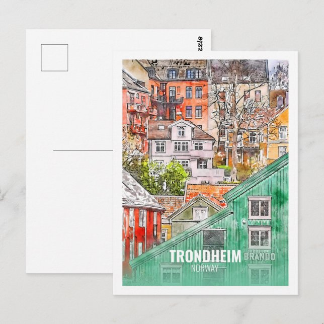 Trondheim Norwegen Berühmte Wasserfarbskizze Postkarte (Vorne/Hinten)