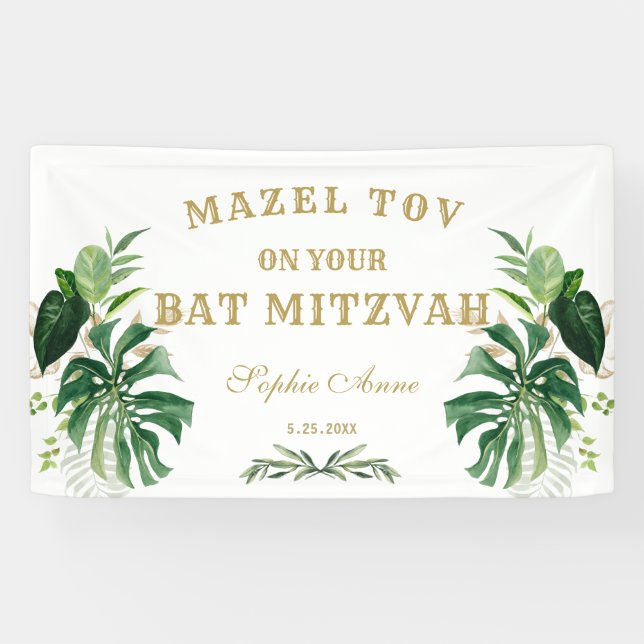 Tropenblättrige Gold Bat Mitzvah Begrüßungszeichen Banner (Horizontal)