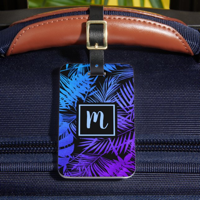 Tropenblau lila Palmblattmonogramm modern Gepäckanhänger (Vorderseite Insitu 2)