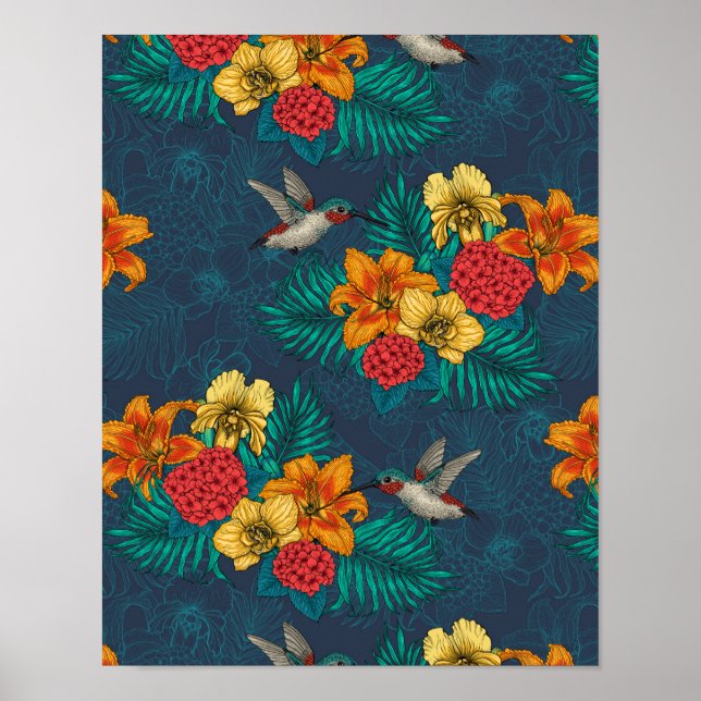 Tropenbuket und Kolibris Poster (Vorne)