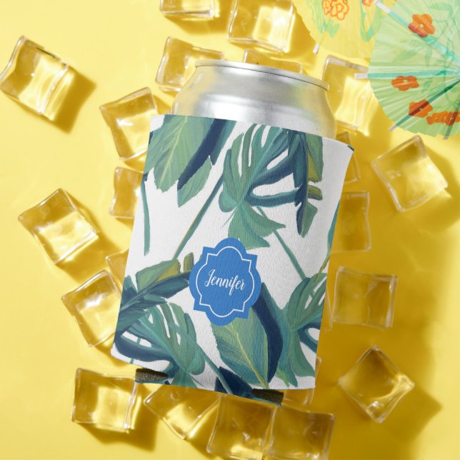 Tropenfarben-Palm-Blätter, Muster monogramm Dosenkühler (In Situ Sommer)