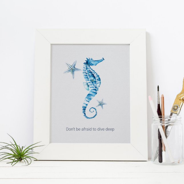 Tropenfarben-Seepferd Motivierend Poster (image features a framed custom print poster with seahorse watercolor art by Victoria Grigaliunas)