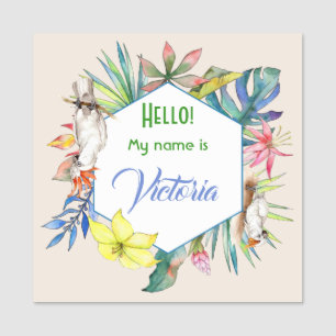 Tropenfarbene Blume und großer Vogelplatz Namensschild