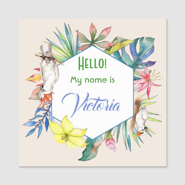 Tropenfarbene Blume und großer Vogelplatz Namensschild (Vorderseite)