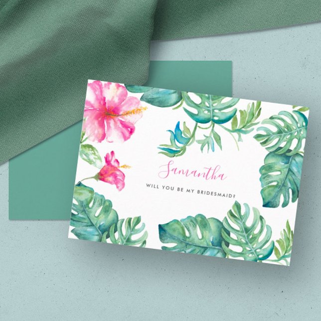Tropenfarbene Blumenkästen Feiertagskarte (floral bridesmaid cards tropical pink flowers palm leaves destination wedding Victoria Grigaliunas)