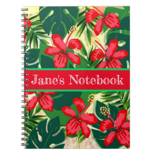 Tropenfarbener Dschungel Hibiskus rot und grün Notizblock