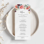 Tropenfarbenes Sommerblumenessen Menükarte<br><div class="desc">Diese tropische,  farbenfrohe Speisekarte für das Abendessen mit Blumen ist perfekt für eine moderne Hochzeit. Das Design ist illustriert,  weiß,  rosa,  rot,  bordeauxrot und lila,  elegante Blume,  die in hübsche Blumensträuße untergebracht sind. Dieses Menü kann für Hochzeitsempfang,  Probe Dinner,  Brautparty oder jede Veranstaltung verwendet werden.</div>