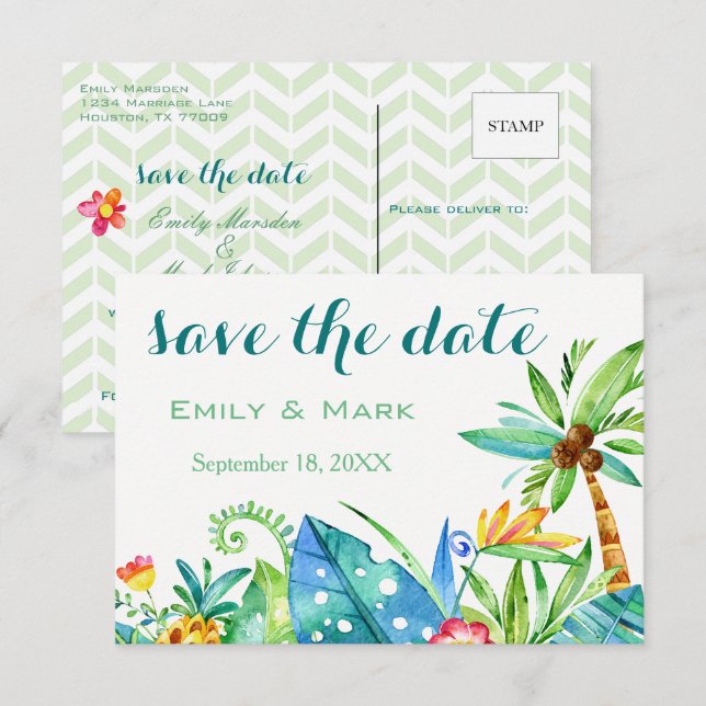 Tropenflorale Save the Date Postkarte (Vorne/Hinten)