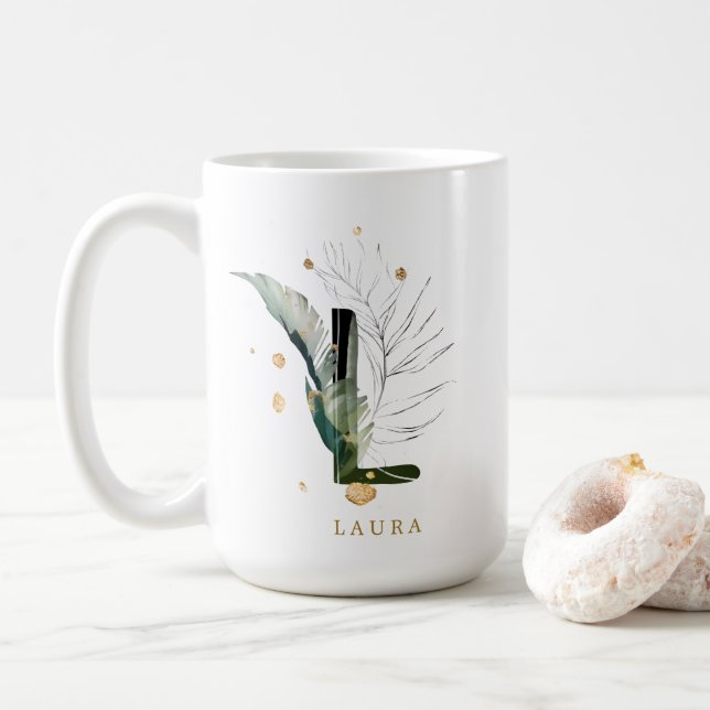 Tropenfolienmonogramm-Buchstaben "L" Personalisier Kaffeetasse (Mit Donut)