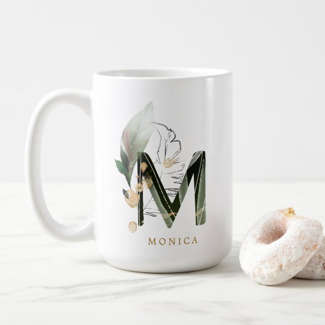 Tropenfolienmonogramm-Letter "M" Personalisiert Kaffeetasse (Mit Donut)
