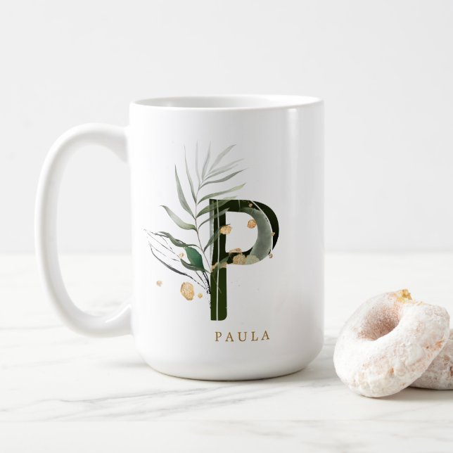 Tropenfolienmonogramm-Letter "P" Personalisiert Kaffeetasse (Mit Donut)