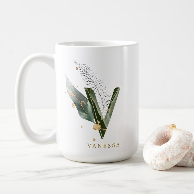 Tropenfolienmonogramm-Letter "V" Personalisiert Kaffeetasse (Mit Donut)