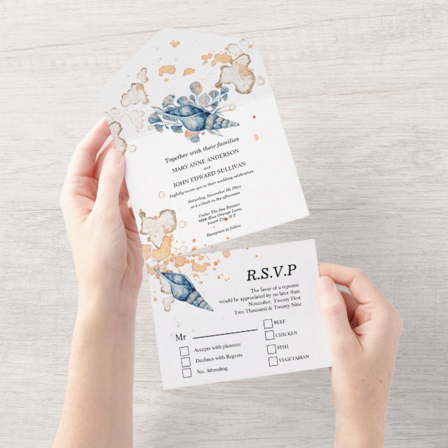 Tropeninsel Blauer Orangen-Muschel All In One Einladung (Abreißen)