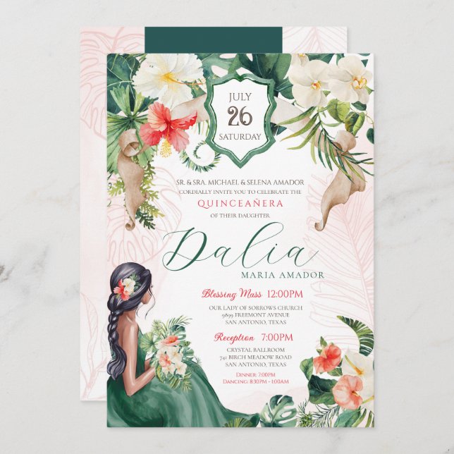 Tropeninsel Emerald Green Floral Quinceñera Einladung (Vorne/Hinten)