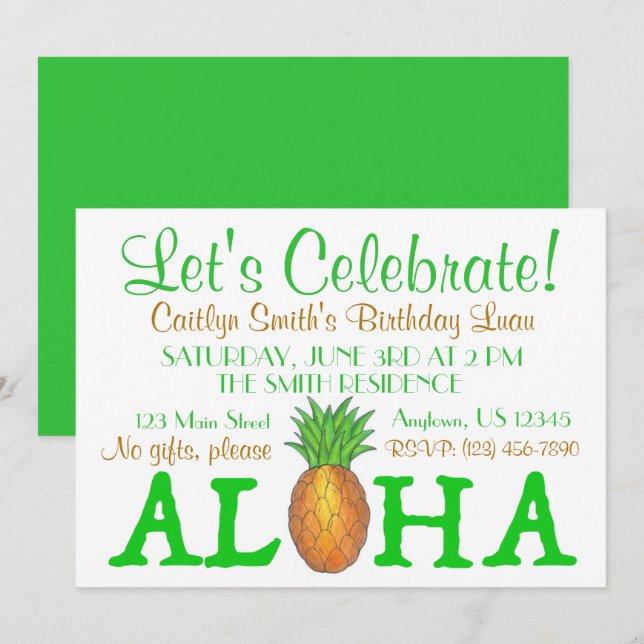 Tropeninsel Luau Ananas Hawaii Aloha Party Einladung (Vorne/Hinten)