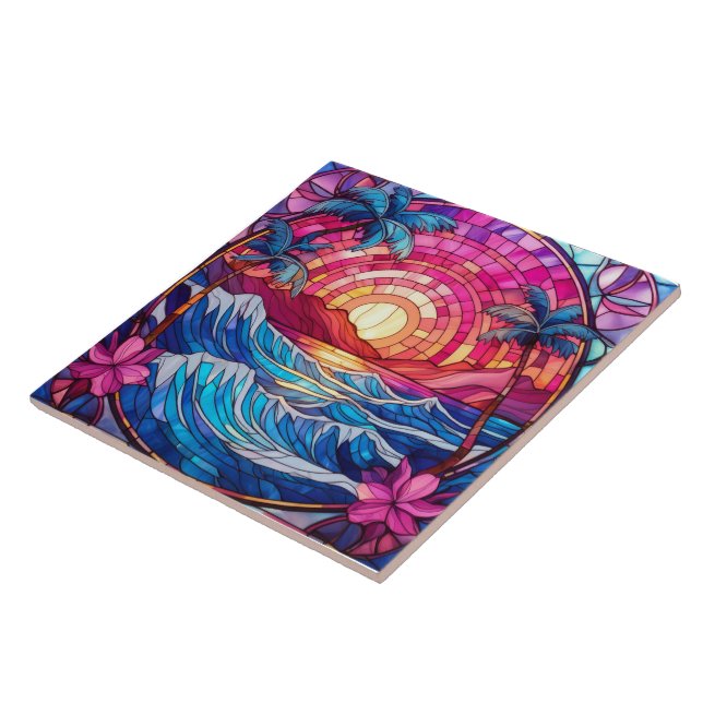 Tropeninsel Rosa Sonnenuntergang Gestaltete Glasku Fliese (Seite)