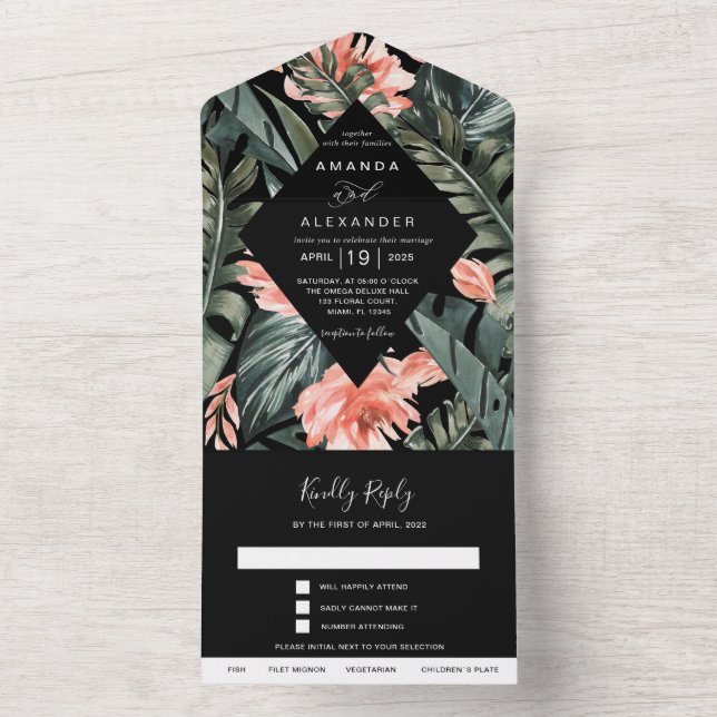 Tropenkoralle | Monstera Palm Black Wedding All In One Einladung (Innen Boden)