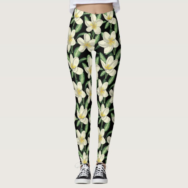 Tropennahtlose, weiße Blume, grünes Blatt Leggings (Vorderseite)