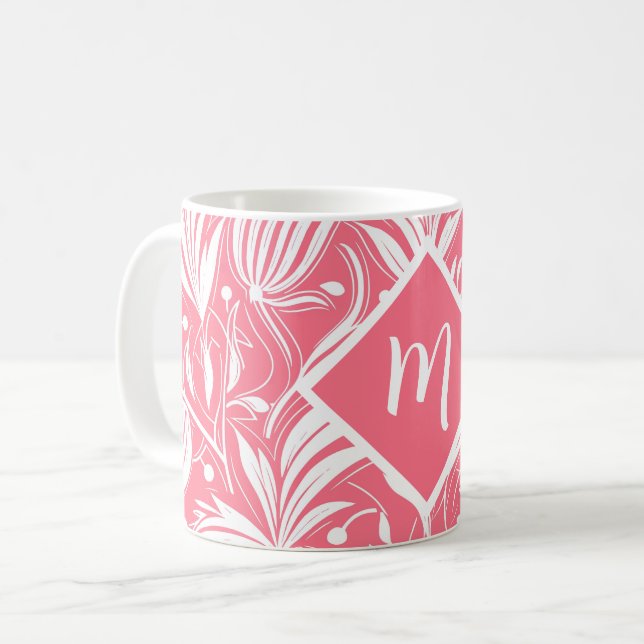 Tropenrosa Blumenmuster Diamond Monogram Kaffeetasse (Vorderseite Links)