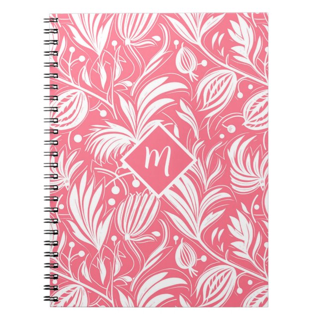 Tropenrosa Blumenmuster Diamond Monogram Notizblock (Vorderseite)
