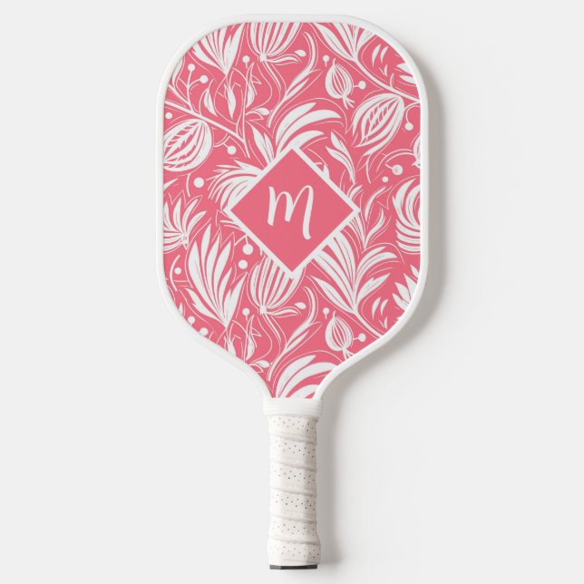 Tropenrosa Blumenmuster Diamond Monogram Pickleball Schläger (Vorderseite)