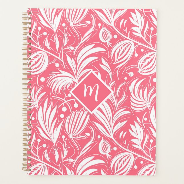 Tropenrosa Blumenmuster Diamond Monogram Planer (Vorderseite)