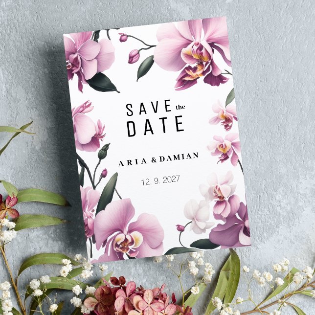 Tropenrosa, elegante Orchideen Save the Date Einladung (Tropical pink elegant orchid floral Save the Date)