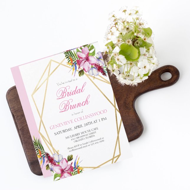 Tropenrosa Floral Gold Geometric Bridal Brunch Einladung (Von Creator hochgeladen)
