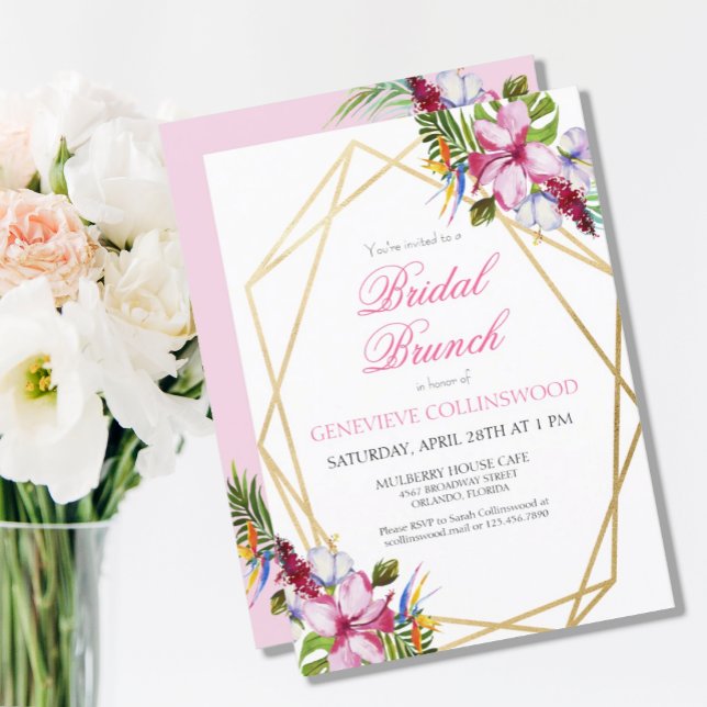 Tropenrosa Floral Gold Geometric Bridal Brunch Postkarte (Von Creator hochgeladen)
