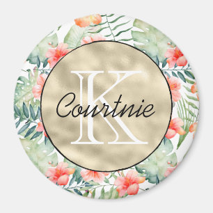 Tropenrosa Hibiskus Floral Gold Monogramm Magnet