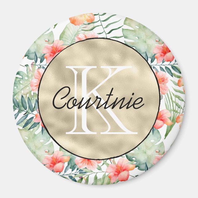 Tropenrosa Hibiskus Floral Gold Monogramm Magnet (Vorne)