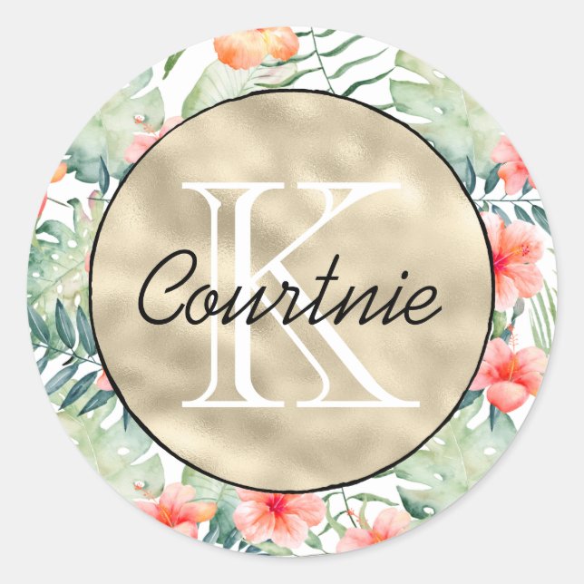 Tropenrosa Hibiskus Floral Gold Monogramm        Runder Aufkleber (Vorderseite)