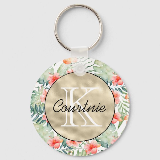 Tropenrosa Hibiskus Floral Gold Monogramm Schlüsselanhänger (Vorderseite)