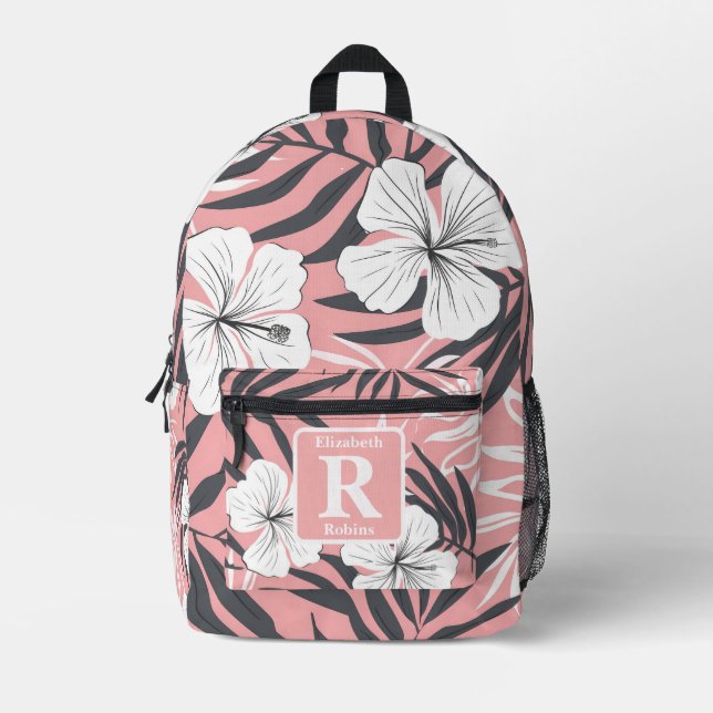 Tropenrosa Hibiskus personalisiert Monogramm Bedruckter Rucksack (Vorderseite)